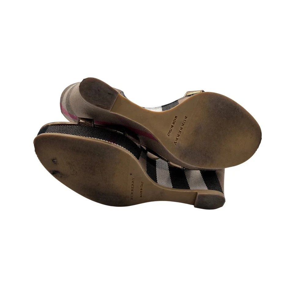Burberry Wedge Sandals Womens 37.5 Bronze Good House Check Metallic Strappy Heel